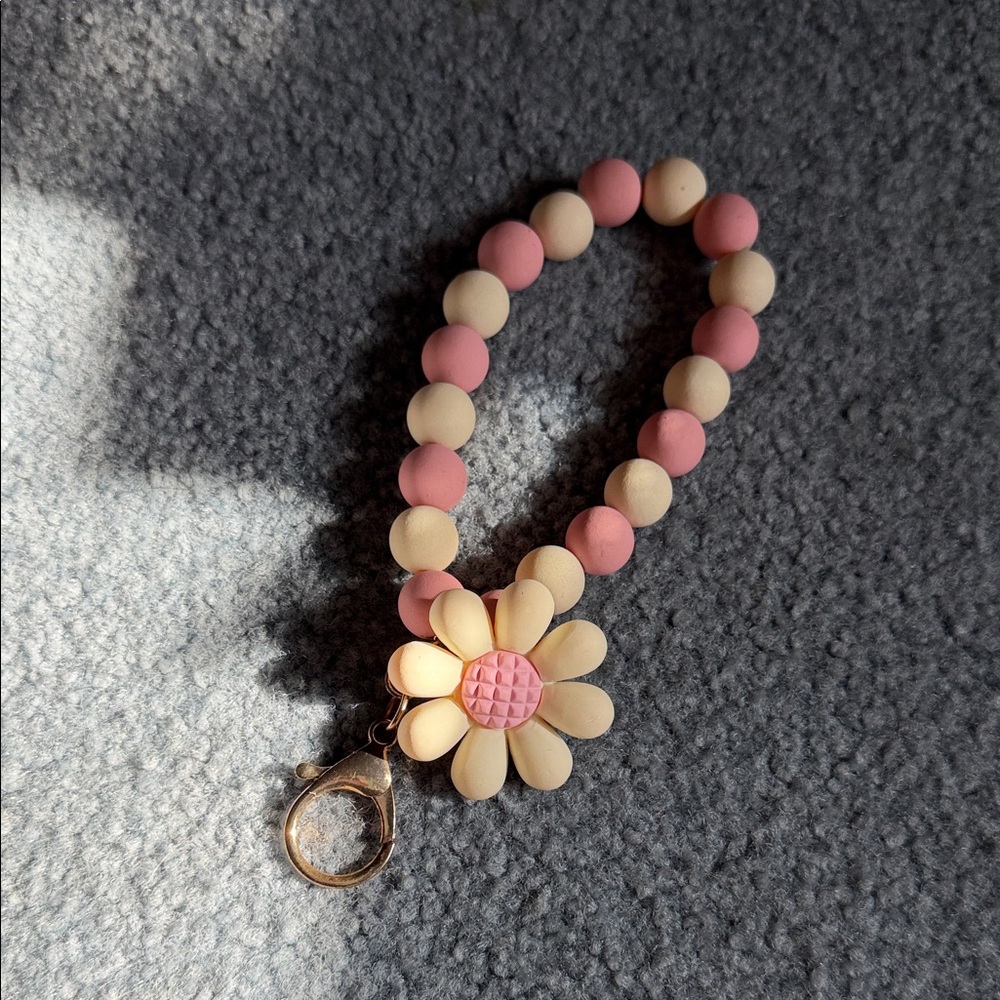 Pink and Cream Beaded Bracelet with Flower Charm